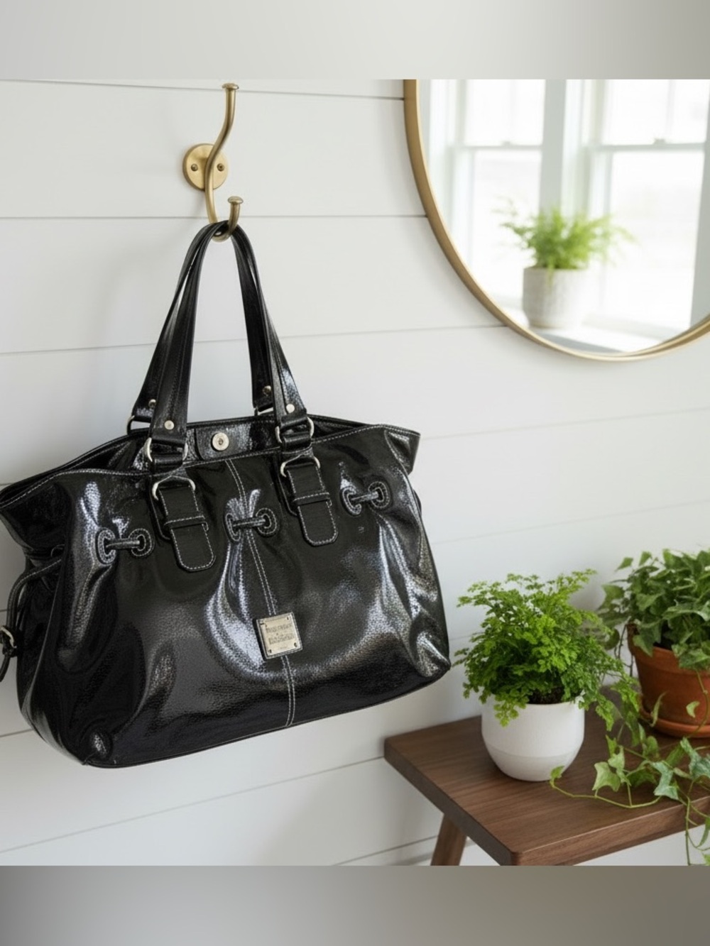 Vintage Dooney & Bourke Black Patent Leather Drawstring Satchel with Logo Plaque